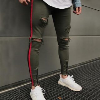 Green Skinny Ripped Side Stripe/Ankle Zipper Jeans Green Skinny Ripped Side Stripe/Ankle Zipper Jeans