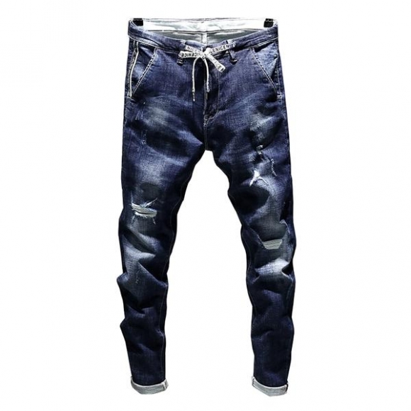 Distressed Ripped Skinny Tapered Jeans w/ Drawstring