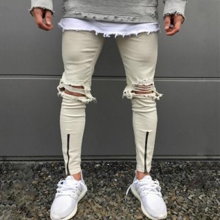 Khaki Skinny Knee Ripped Ankle Zipper Jeans Khaki Skinny Knee Ripped Ankle Zipper Jeans