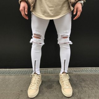 White Skinny Knee Ripped Ankle Zipper Jeans White Skinny Knee Ripped Ankle Zipper Jeans