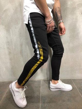 Black Skinny Side Stripe Paint Print Jeans