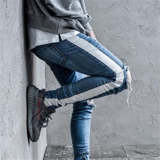 Distressed Knee Ripped Side Stripe Ankle Zipper Jeans