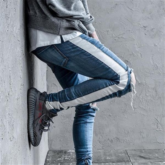 Distressed Knee Ripped Side Stripe Ankle Zipper Jeans