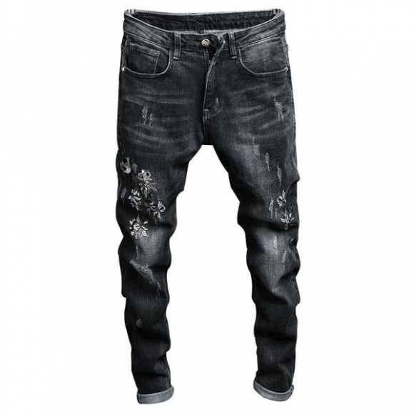 Skinny Flower Embroidered Tapered Jeans - Dark Grey