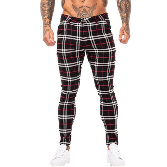 3104 Plaid Pattern Skinny Fit Chinos